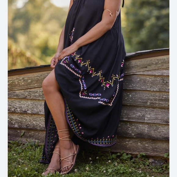 By Anthropologie Embroidered Halter Maxi Dress in Black Size XS - Picture 5 of 10